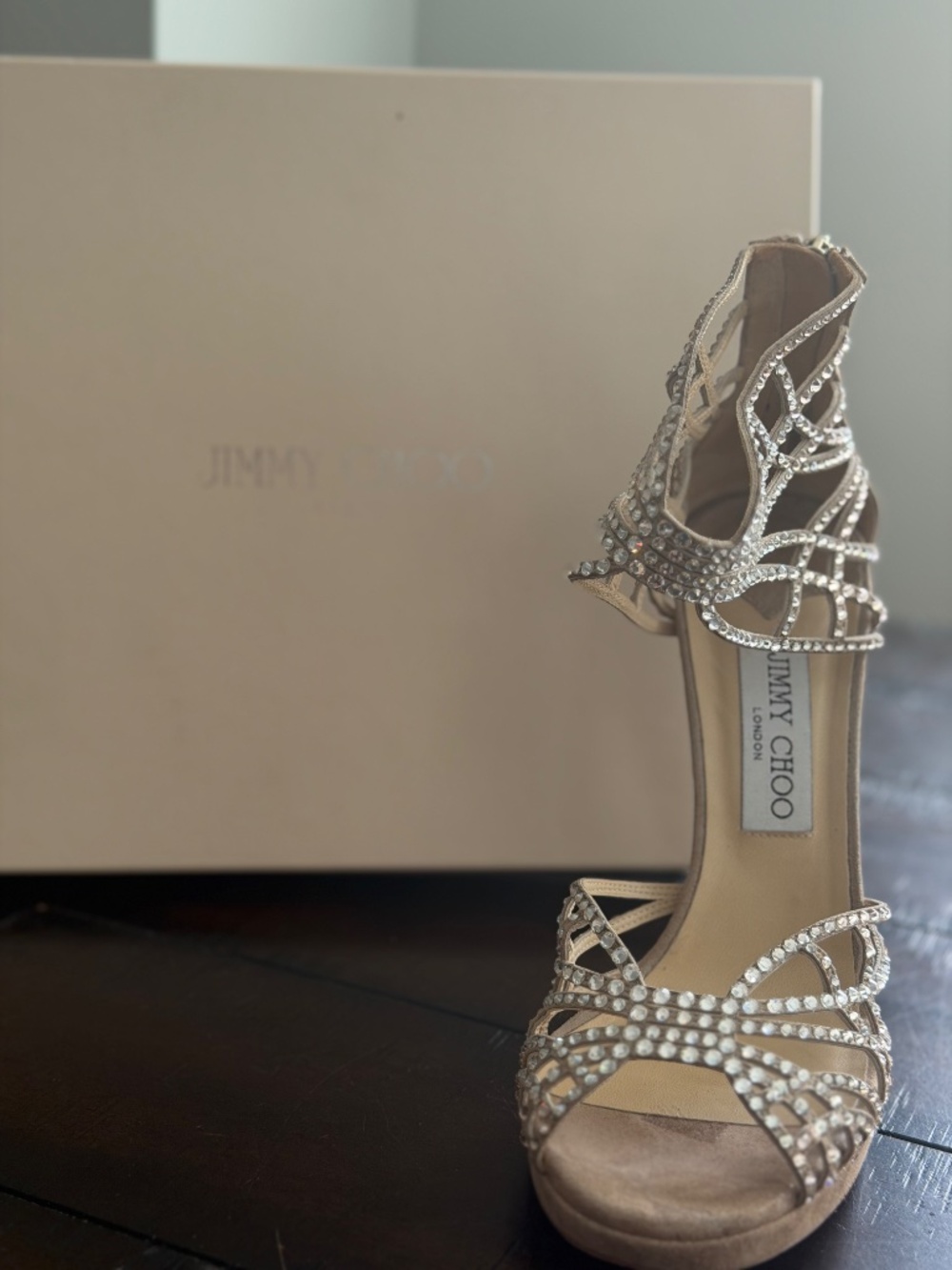 Jimmy Choo Diva Crystal Cage Sandals Sand Suede Heels Size 39 8.5 - Picture 4 of 11